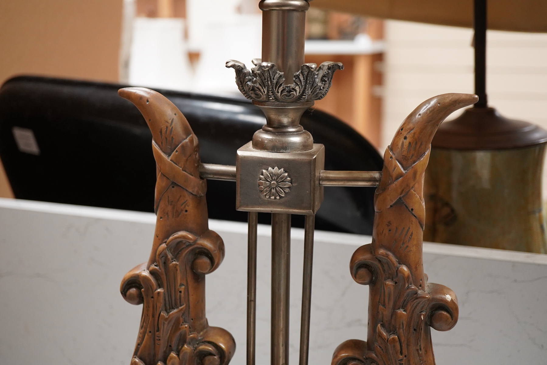 A pair of Maitland-Smith lyre shaped tablelamps